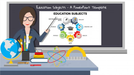 A collage of presentation slides from Education Subjects PowerPoint Template